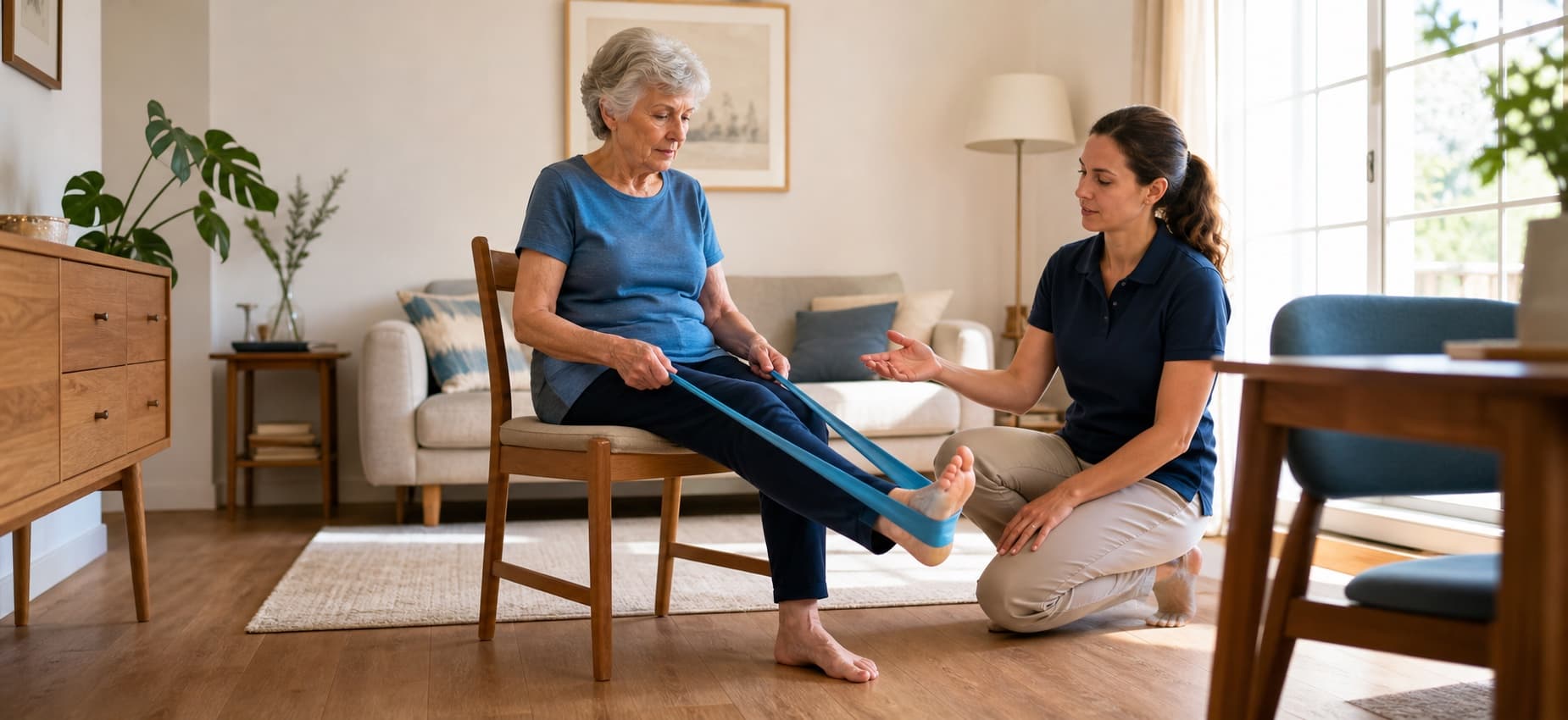 Pessoa idosa faz um exercício simples de fisioterapia em casa, acompanhada por uma fisioterapeuta
