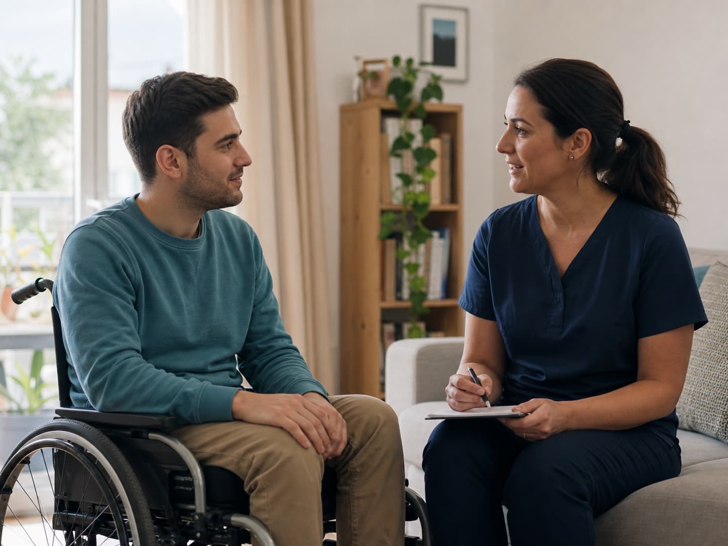Young wheelchair user speaking with a healthcare professional at home